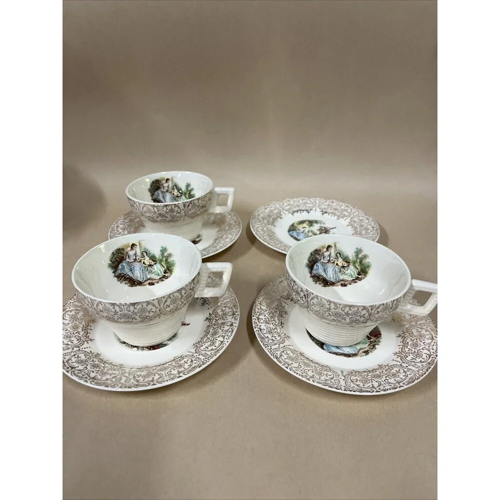 VTG American Limoges Triumph D'or Serenade 3 Cups &‎ 4 Saucers 22K Gold READ